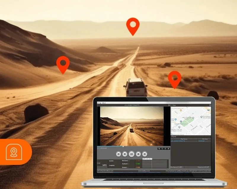 A desert landscape with a dirt road, a vehicle, map markers, and a laptop streamming the scene.