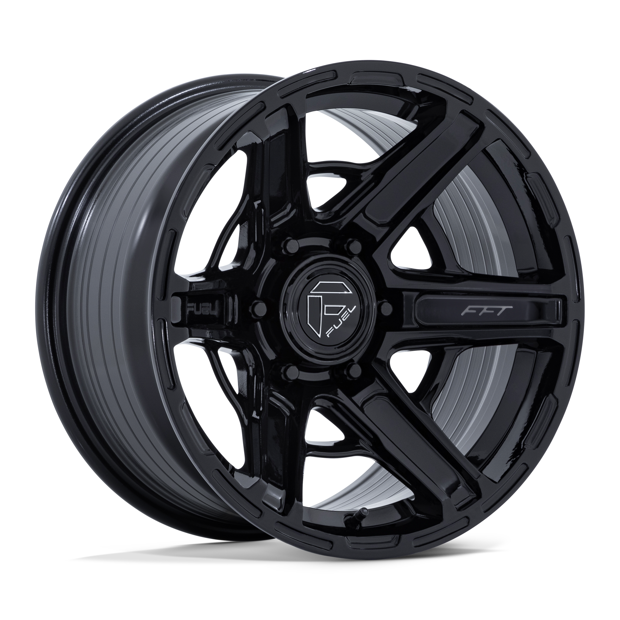 Black motorcycle wheel with spokes, mounted on a metallic rim, branded with Fuel and FPT logos.