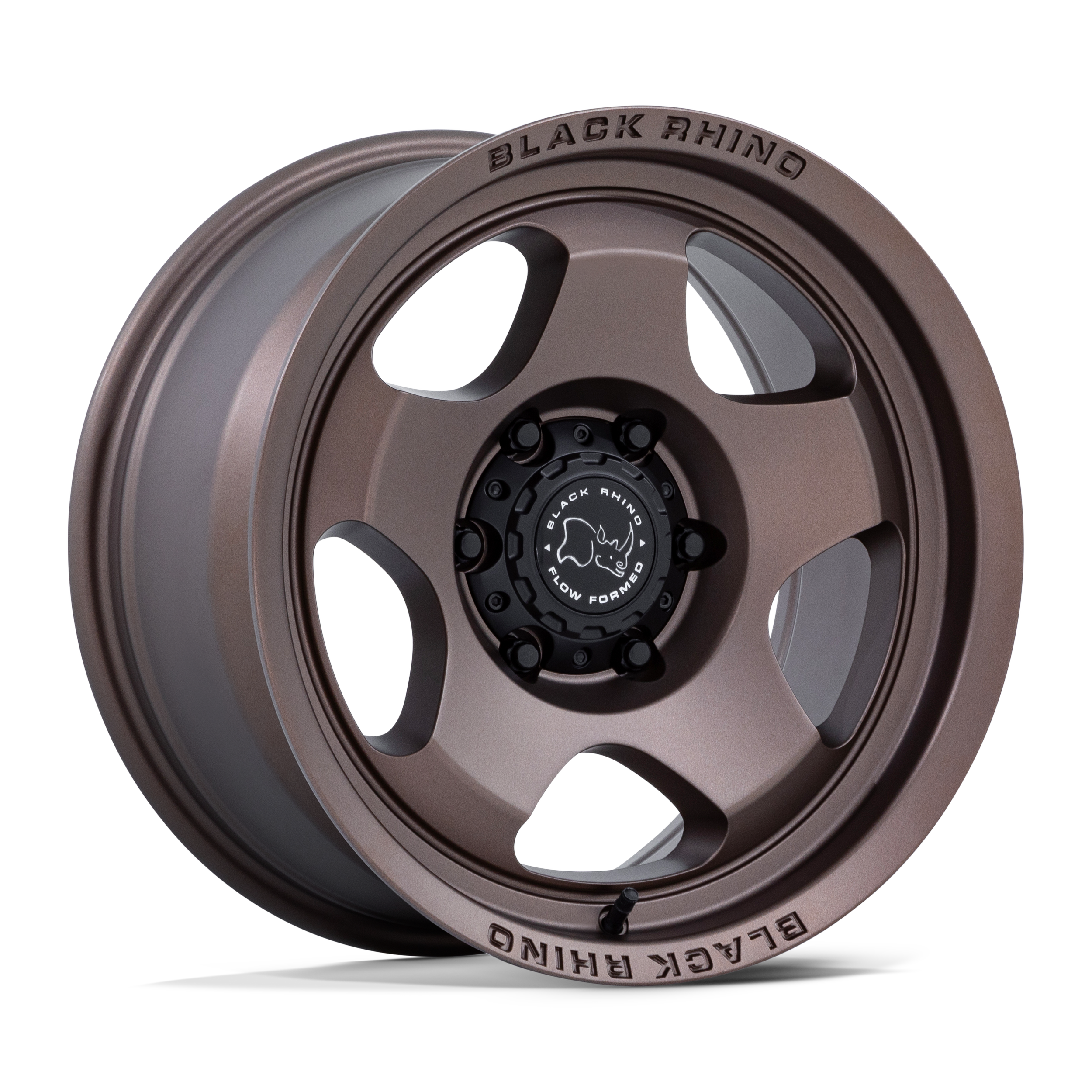 A brown alloy wheel with black center cap branded 'Black Rhino', featuring a rhinoceros logo, and with the words 'Black Rhino' and 'Flow Formed' around the edges.