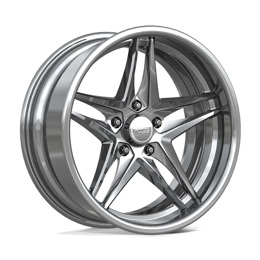 A pair of shiny silver alloy car wheels with a star-shaped spoke design, positioned one behind the other.