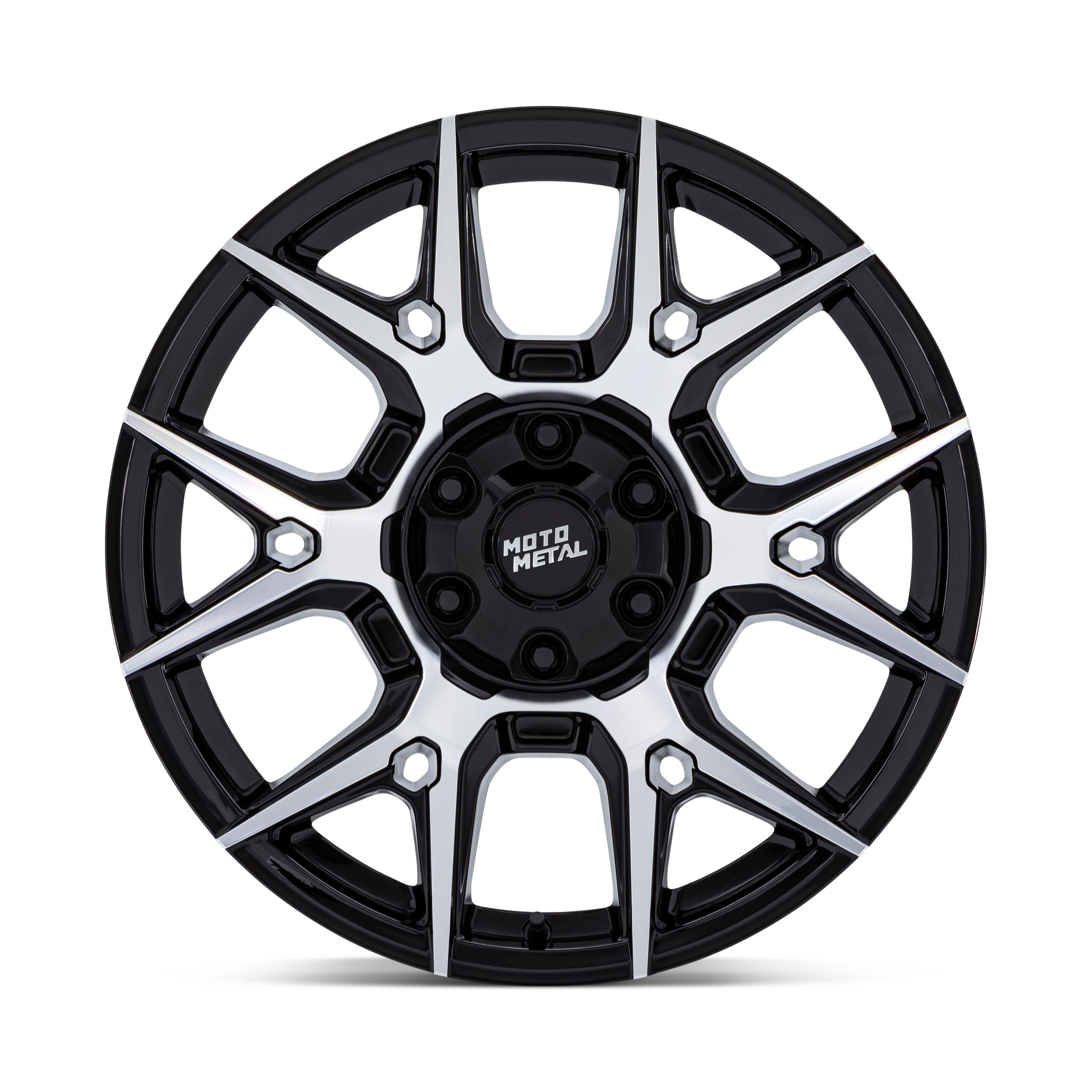 A black and silver Moto Metal alloy wheel rim with a distinctive multi-spoke design.