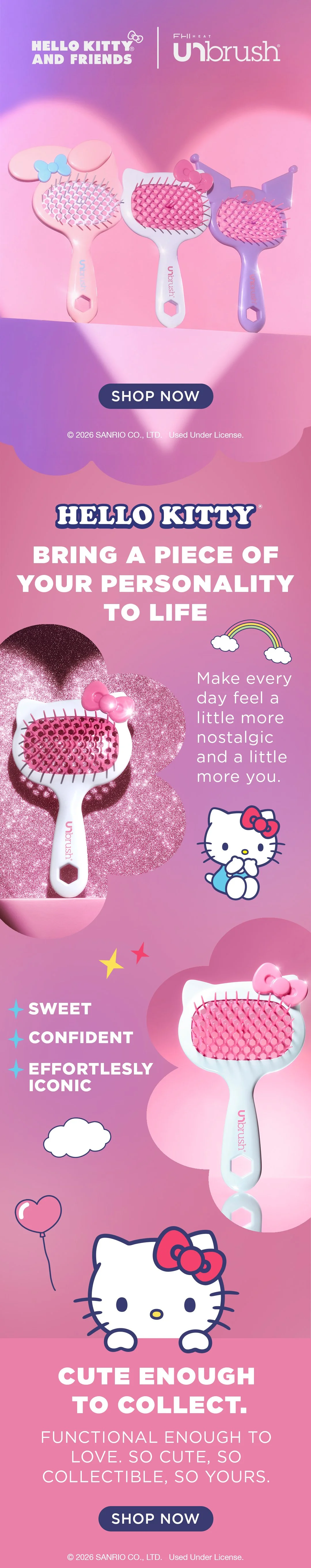 Advertisement for Hello Kitty and Friends unbrush hairbrush, featuring three pastel-colored hairbrushes, with decorative Hello Kitty elements and pastel background.