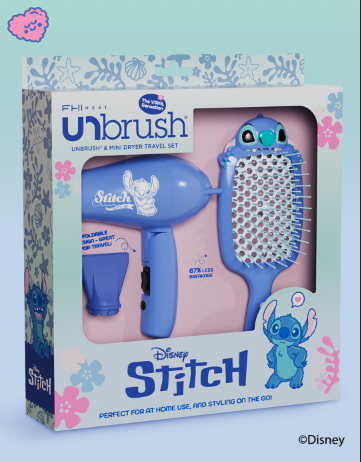 Disney Stitch UNBRUSH mini travel set, including a blue hairdryer and a blue hairbrush, both featuring Stitch character design, in pastel themed packaging.