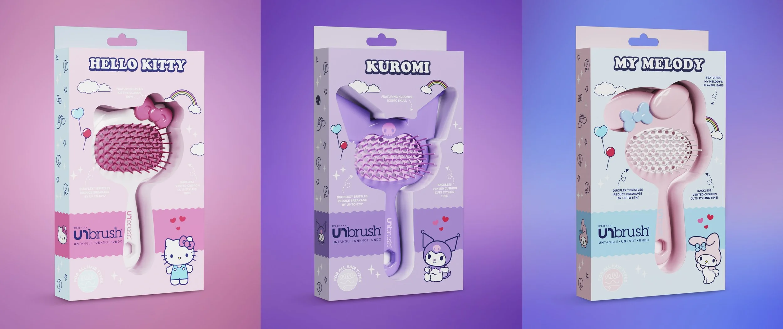 Three pink, purple, and blue Hello Kitty-themed hair styling brushes in their packaging against pastel pink, purple, and blue backgrounds.