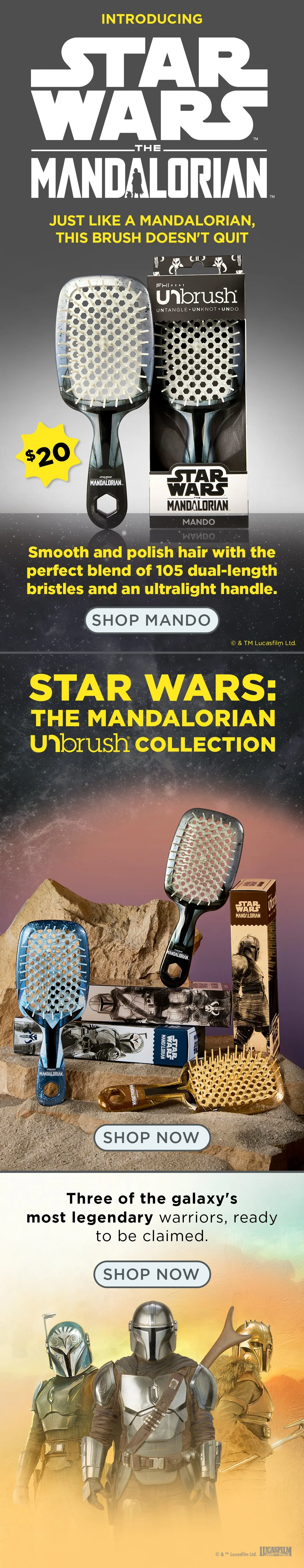 An advertisement for Star Wars themed hair brushes from the Mandalorian collection, featuring several brushes with star wars characters and packaging, and images of Mandalorian warriors.