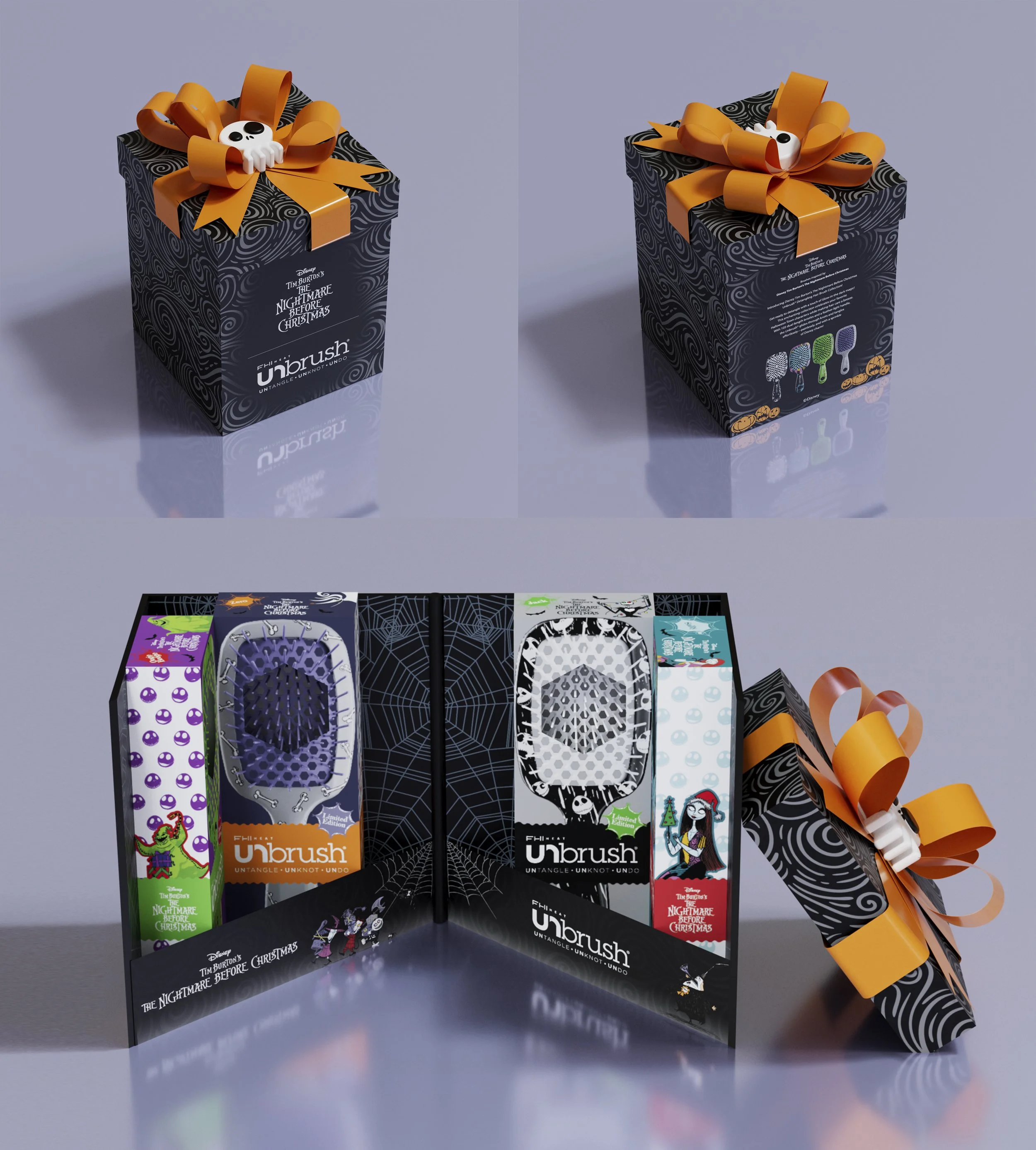 A display stand holding multiple horror-themed phone cases, packaged in colorful boxes with designs inspired by 'The Nightmare Before Christmas' and Halloween, featuring characters like Jack Skellington, Sally, and other spooky motifs, with a black g