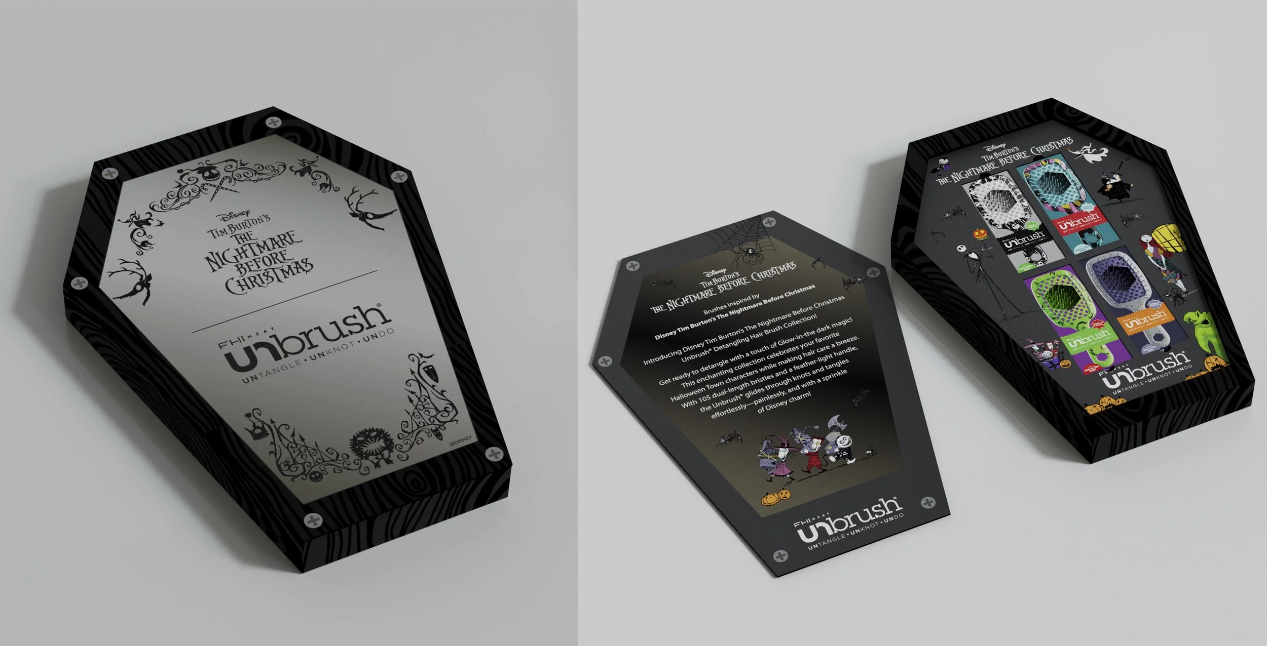 Photo of a Disney Unbrush Halloween-themed hairbrush packaging, showing the front, back, and a digital screen with various colorful hairbrush designs