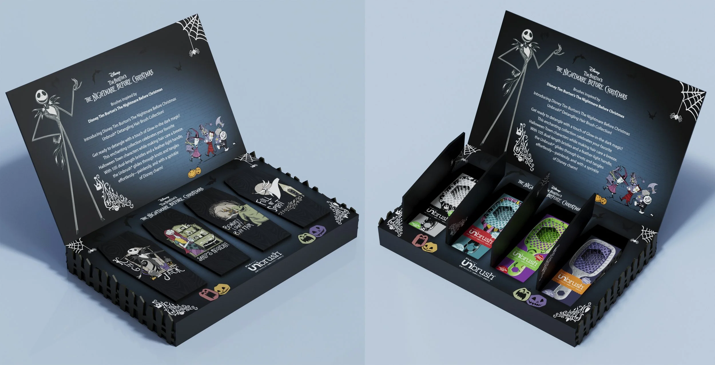 A Halloween-themed display of makeup brushes inspired by 'The Nightmare Before Christmas'. The display has a dark color scheme with white spiderwebs, bats, and cartoon characters from the movie, including Jack Skellington. The brushes are organized i