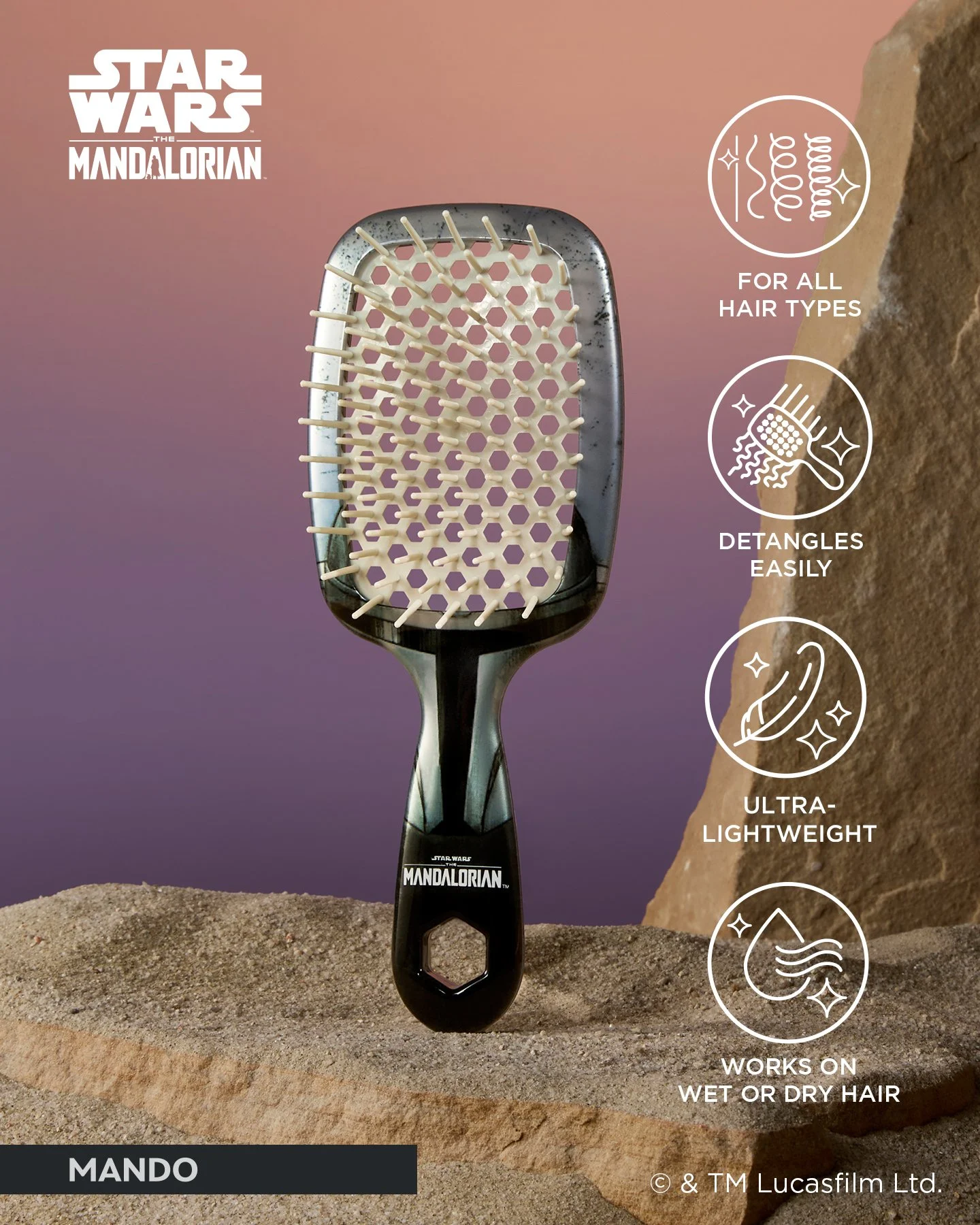 A hairbrush with Star Wars and Mandalorian branding, set against a desert landscape, with icons and text highlighting its features: suitable for all hair types, detangles easily, ultra-lightweight, works on wet or dry hair.