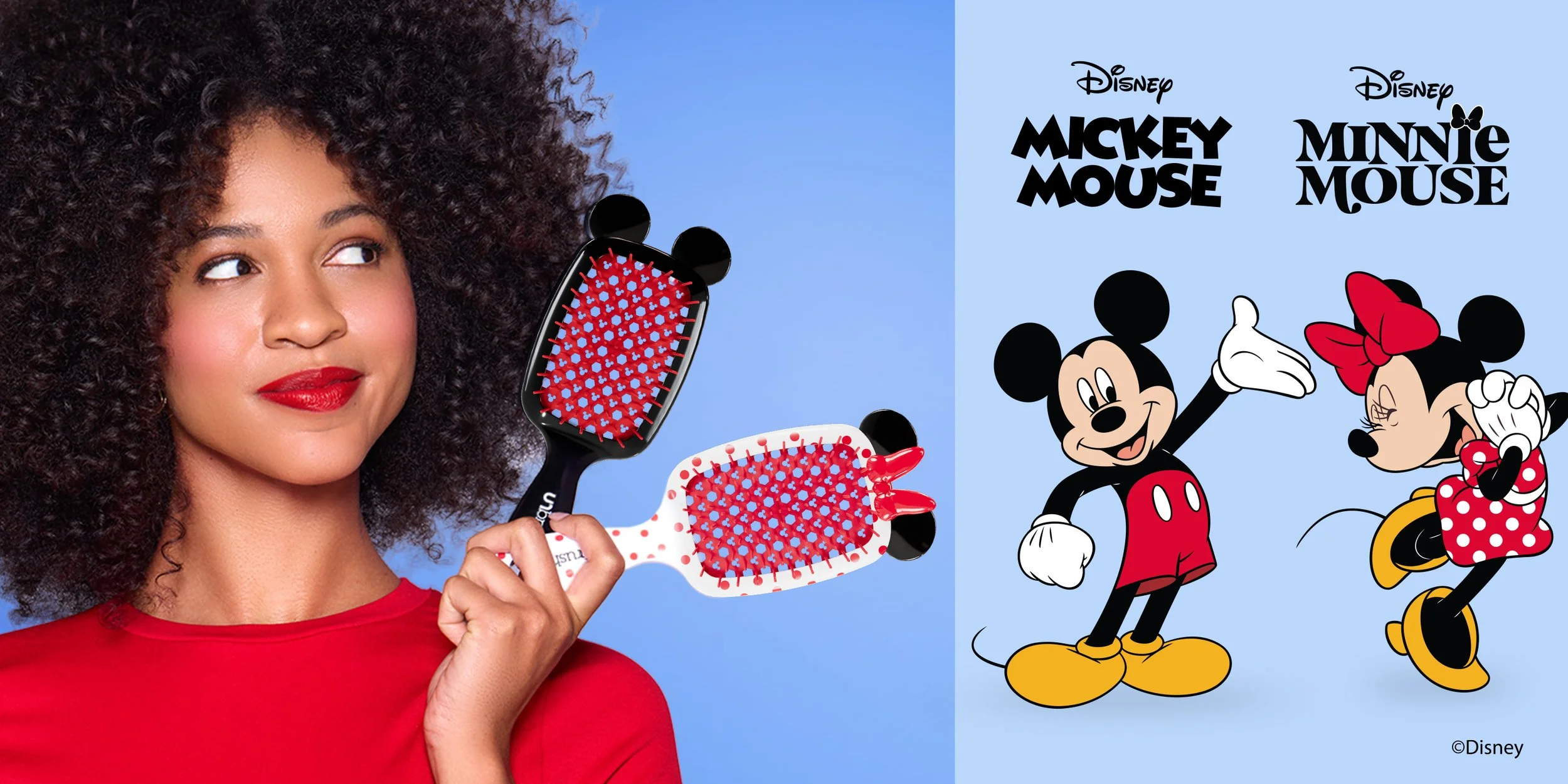 A woman with curly hair and red lipstick holding two Disney-themed hairbrushes featuring Mickey Mouse and Minnie Mouse, with a Disney Mickey Mouse and Minnie Mouse illustration on a blue background.