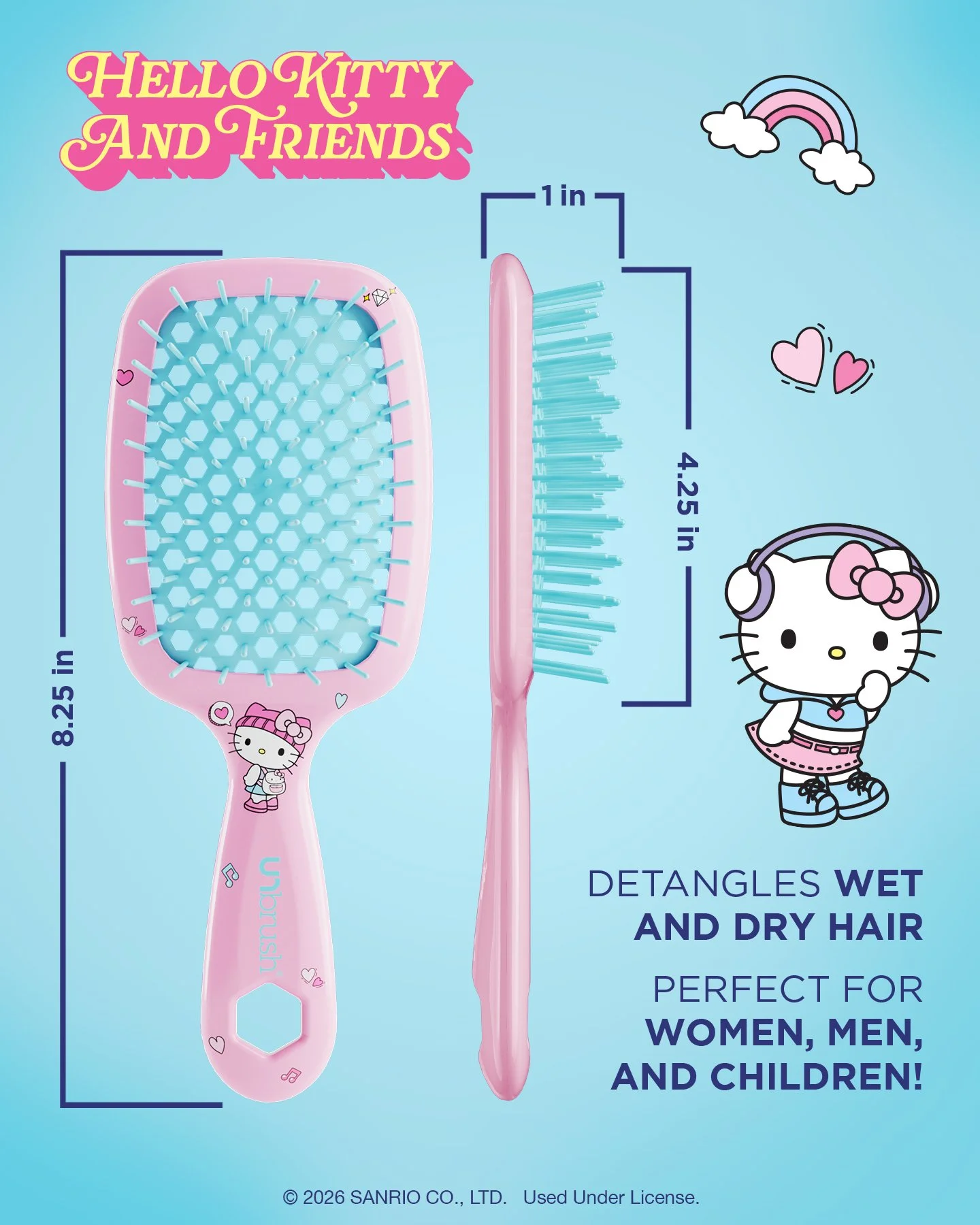 A pink hairbrush with Hello Kitty design and a pink hair comb with blue bristles, accompanied by cartoon Hello Kitty wearing a striped shirt and skirt, set against a light blue background with rainbows, hearts, and musical notes, and text promoting t