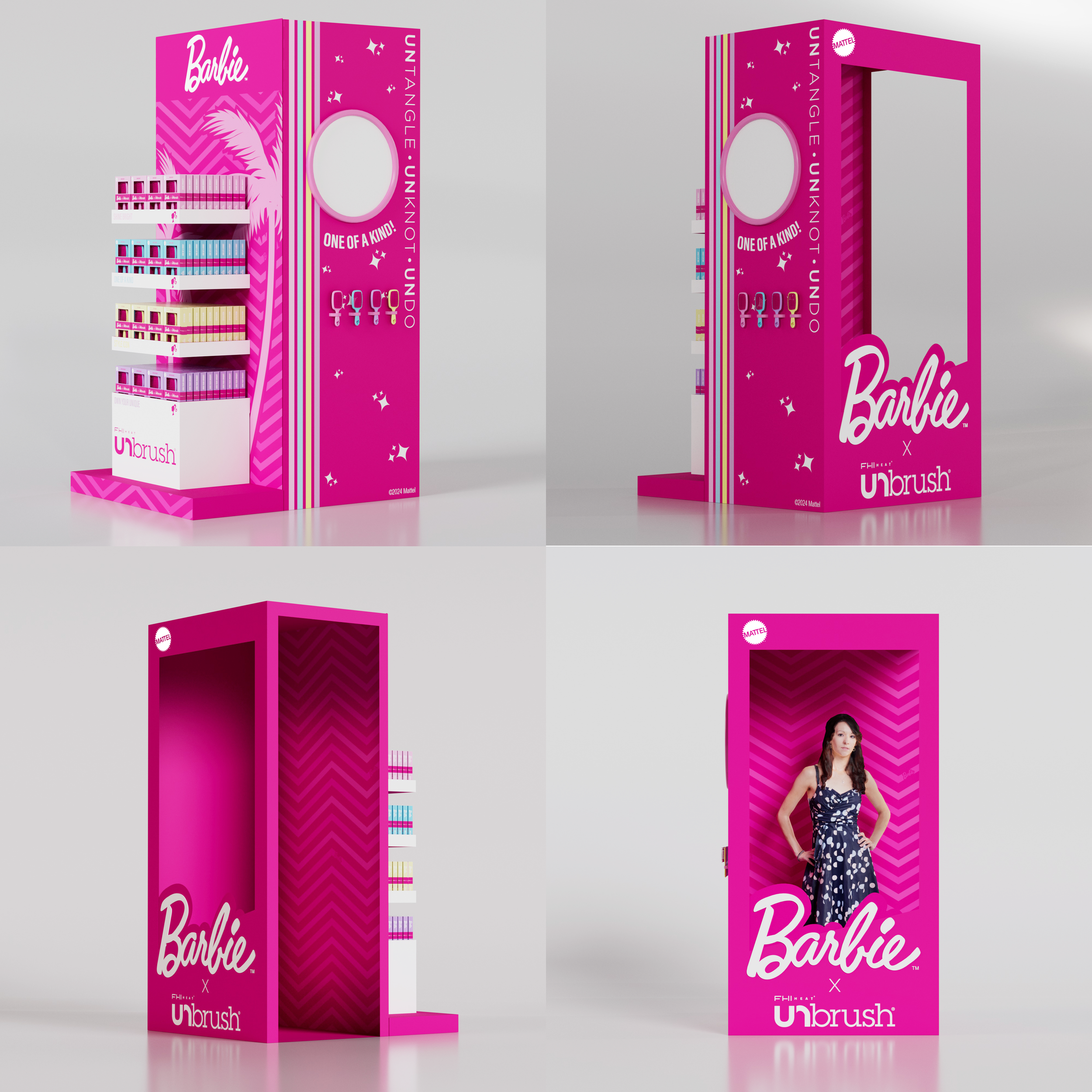 Pink display stand for Barbie and Unbrush, featuring shelves with colorful boxes and a mirror, with some promotional images of Barbie.