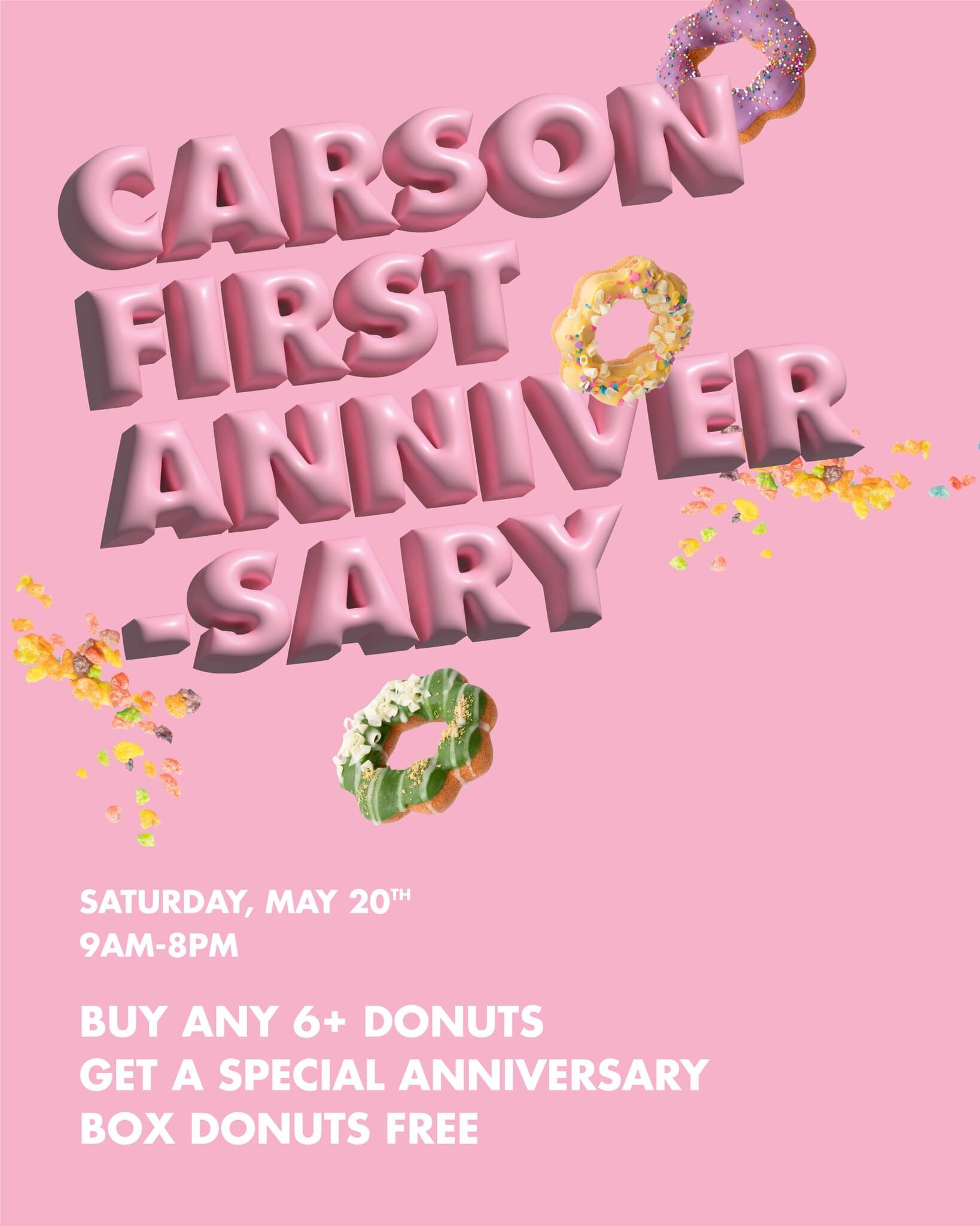 It's our one-year anniversary and we want to celebrate with you❤️ Join us at Dot and Dough Carson today, May 20th and take advantage of our special promotion: buy six mochi donuts and get a special anniversary box of mochi donuts for free. Also, the 