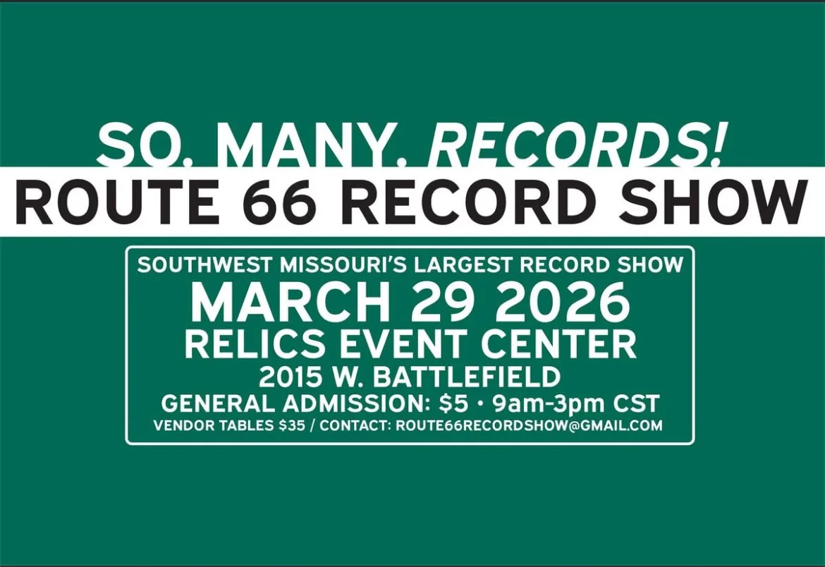 Event poster for Route 66 Record Show on March 29, 2026 at Relics Event Center in Missouri, with general admission price and contact information.