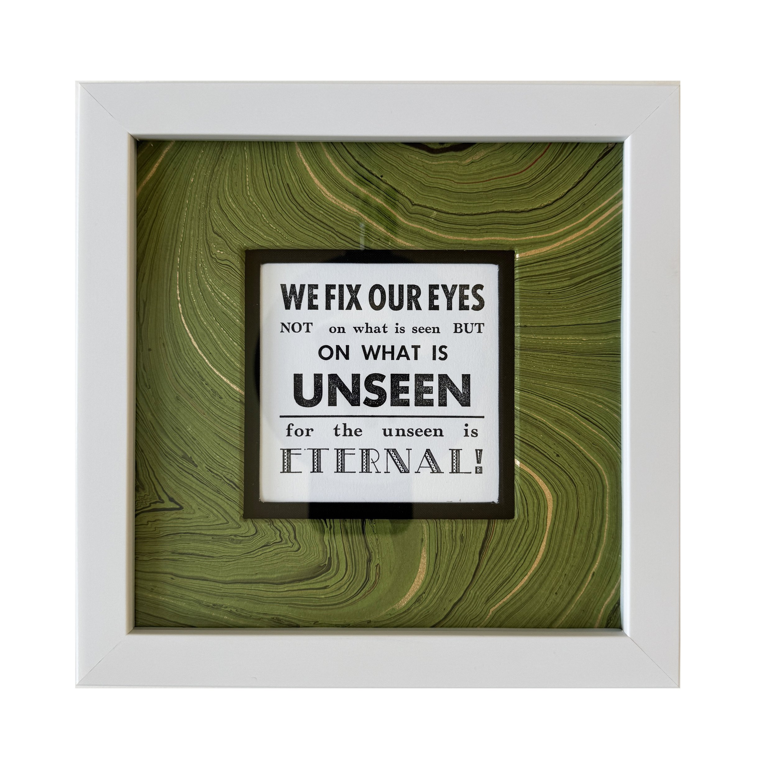 Scripture Print Double Matted with Black Fabric and Green Marbled Paper/ White Frame