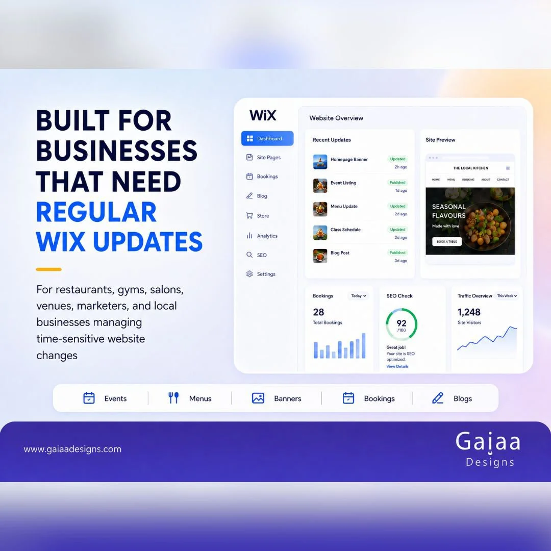 Wix updates graphic for businesses showing a website overview dashboard with recent updates, site preview, bookings, SEO check and traffic cards for restaurants, gyms, salons, venues and marketers.