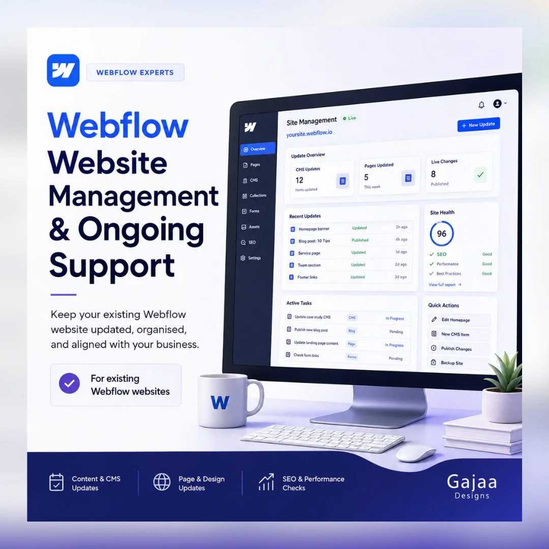 Webflow website management dashboard graphic showing CMS updates, page updates, live changes and site health for Gaiaa Designs support.