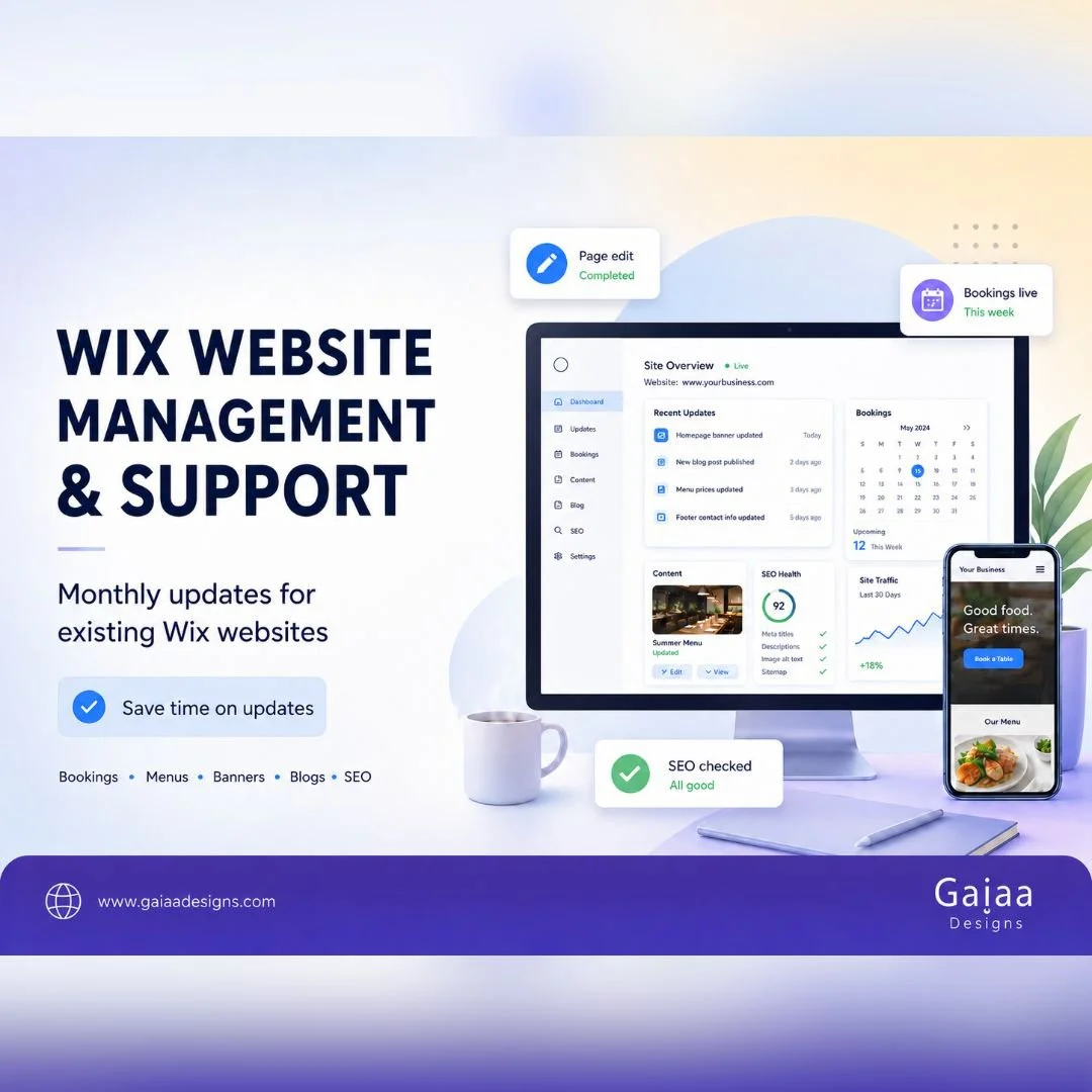 Wix website management and support graphic showing a dashboard, mobile preview, SEO check, booking update and page edit cards for existing Wix websites managed by Gaiaa Designs.