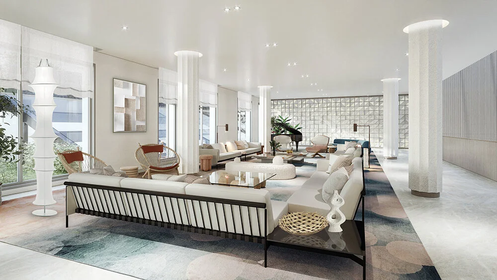 living area with white columns, sofas, armchairs and coffee tables