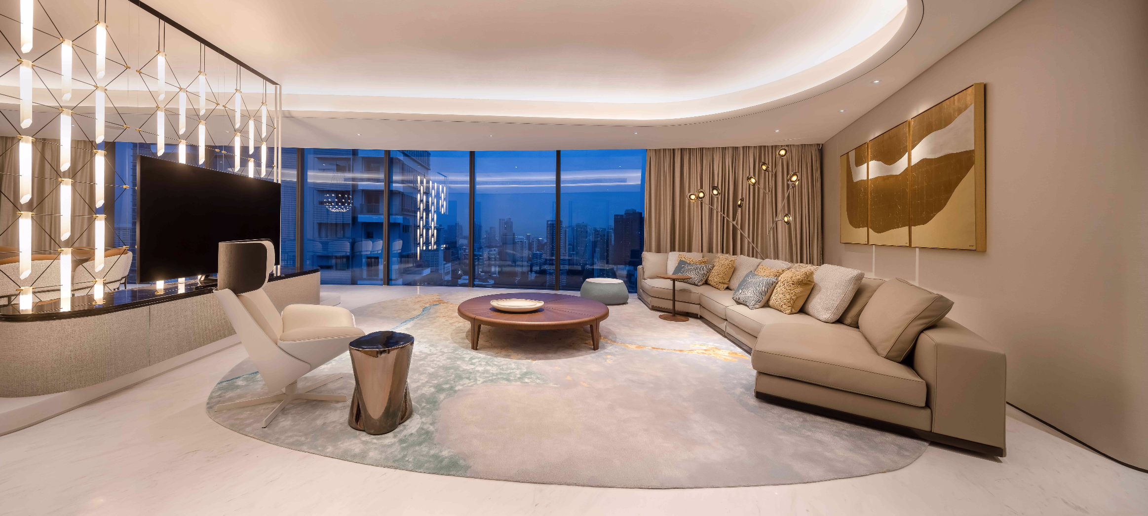 furnished living room with light fixture installation behind television