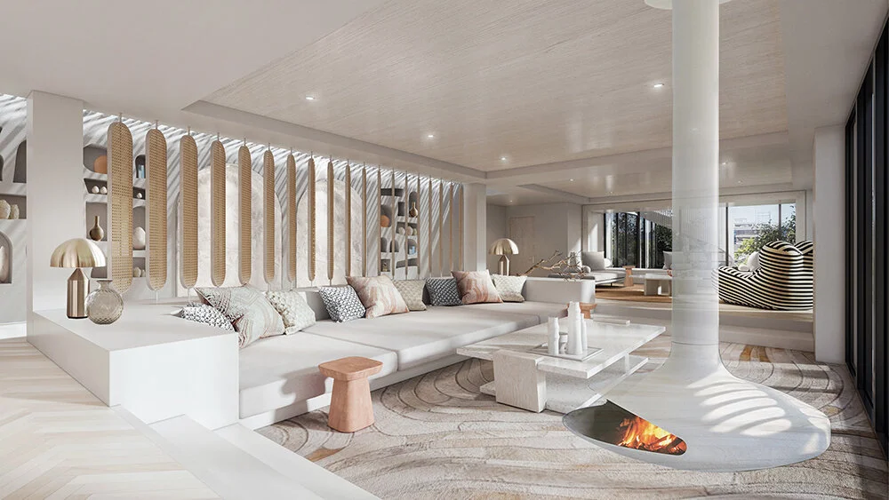 seating area with fireplace and large seats with cushions