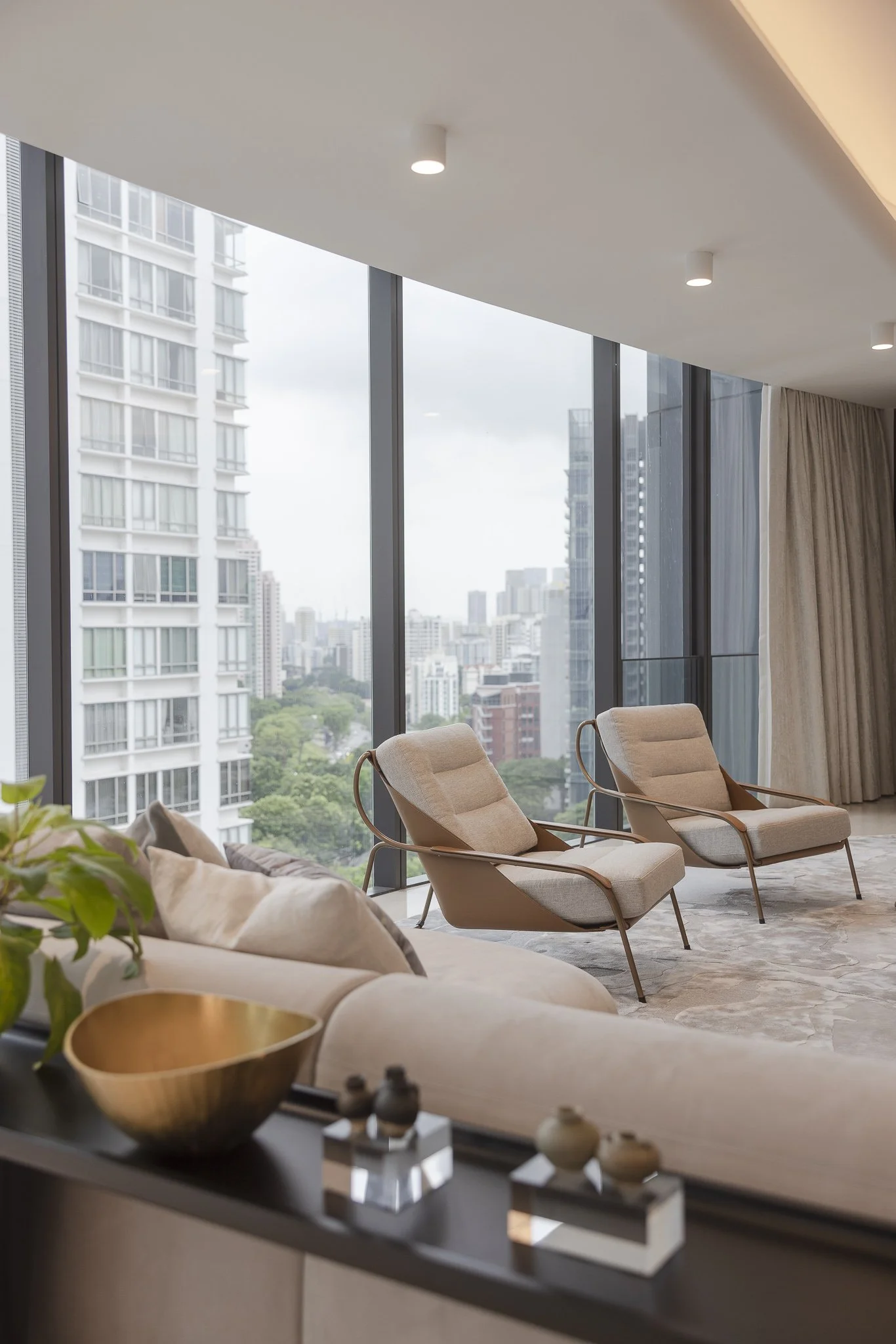 Interior design. Sophisticated modern living room with muted tones.