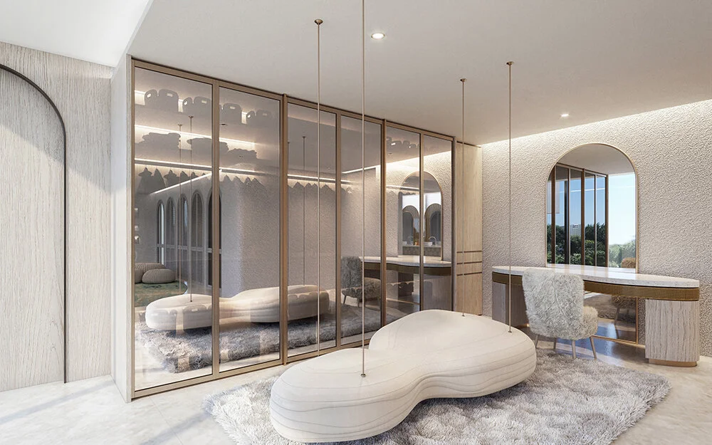 walk in wardrobe with seat in the centre of space on plush rug