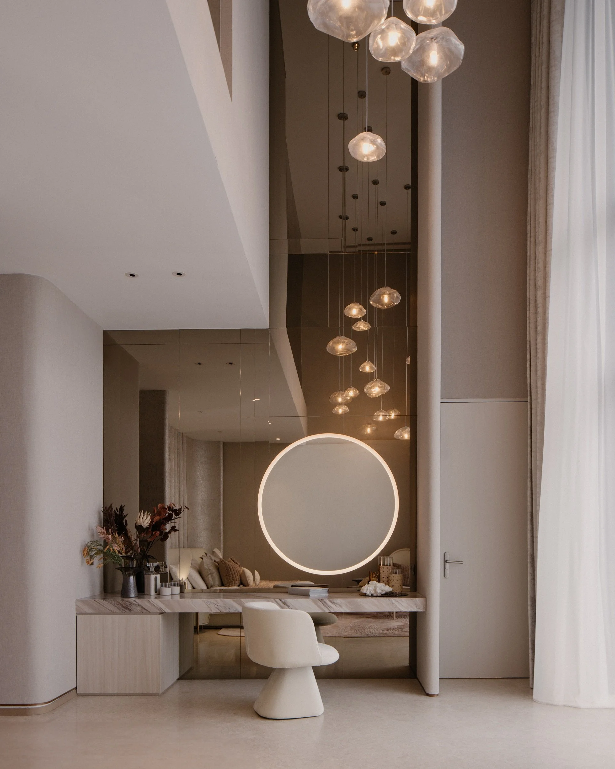 The master bedroom vanity table and chandelier looking like stars