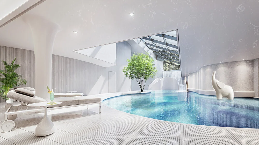 pool area with large ceiling opening letting through natural daylighting