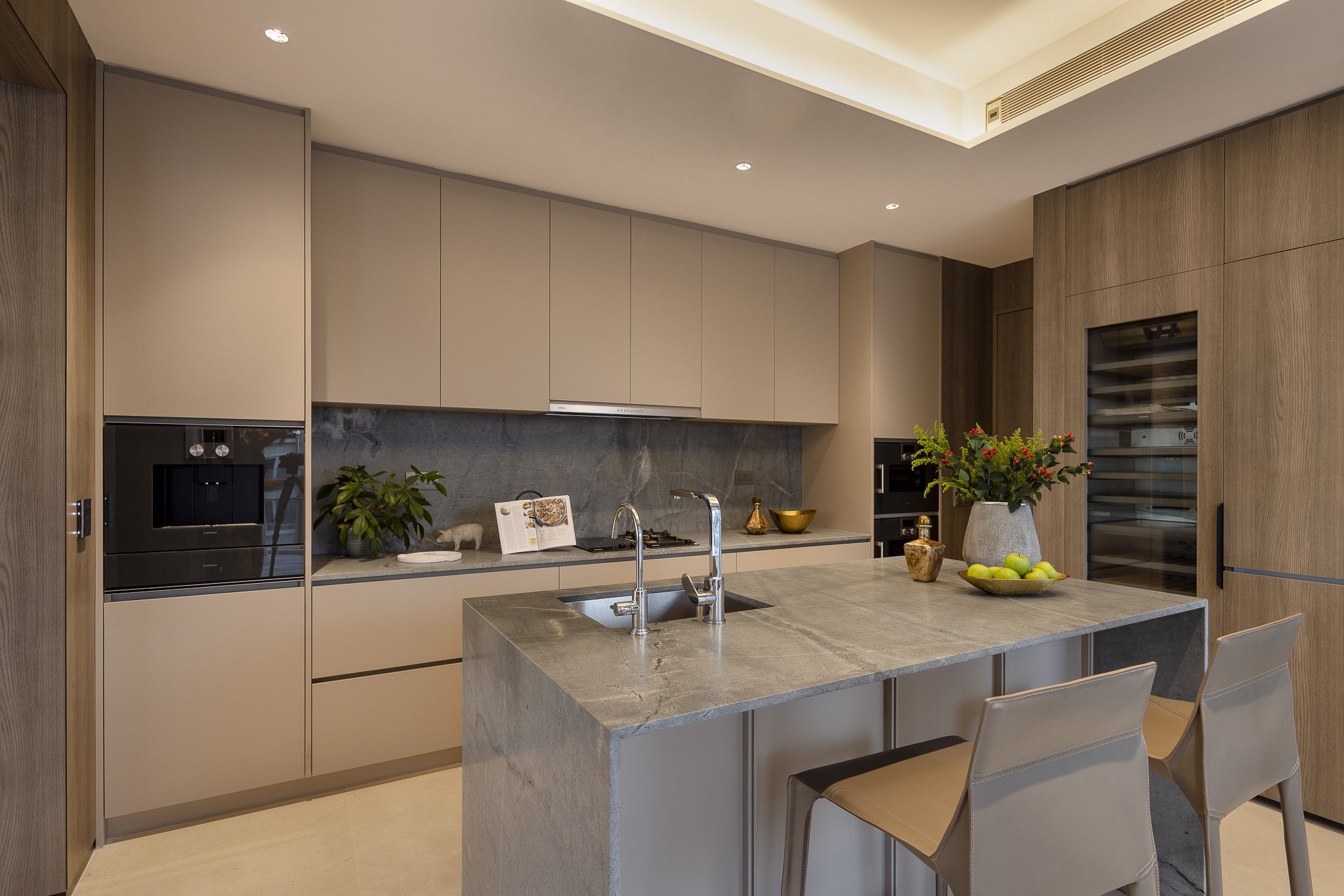 Interior design. Custom-built modern dry kitchen with muted tones.