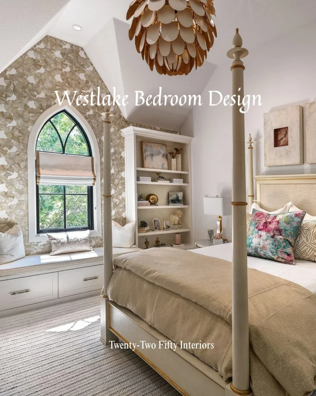 A bedroom should feel like a retreat, and this one is filled with thoughtful details at every turn. From the elegant four-poster bed and custom built-in shelving to the cozy window seat framed by a stunning arched window, every element was designed t
