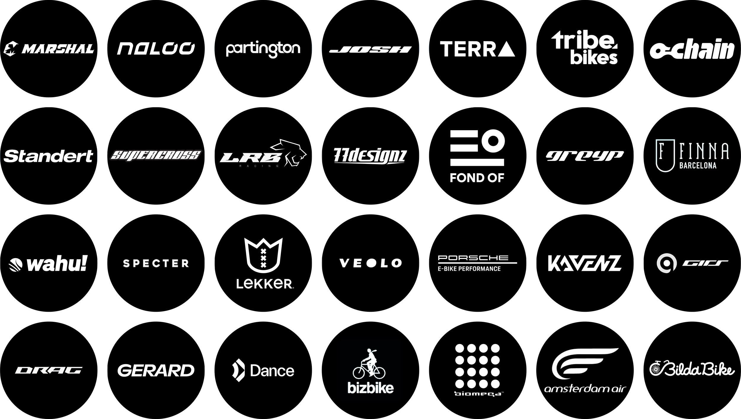 Collection of black and white logos of various cycling brands and companies, arranged in rows.
