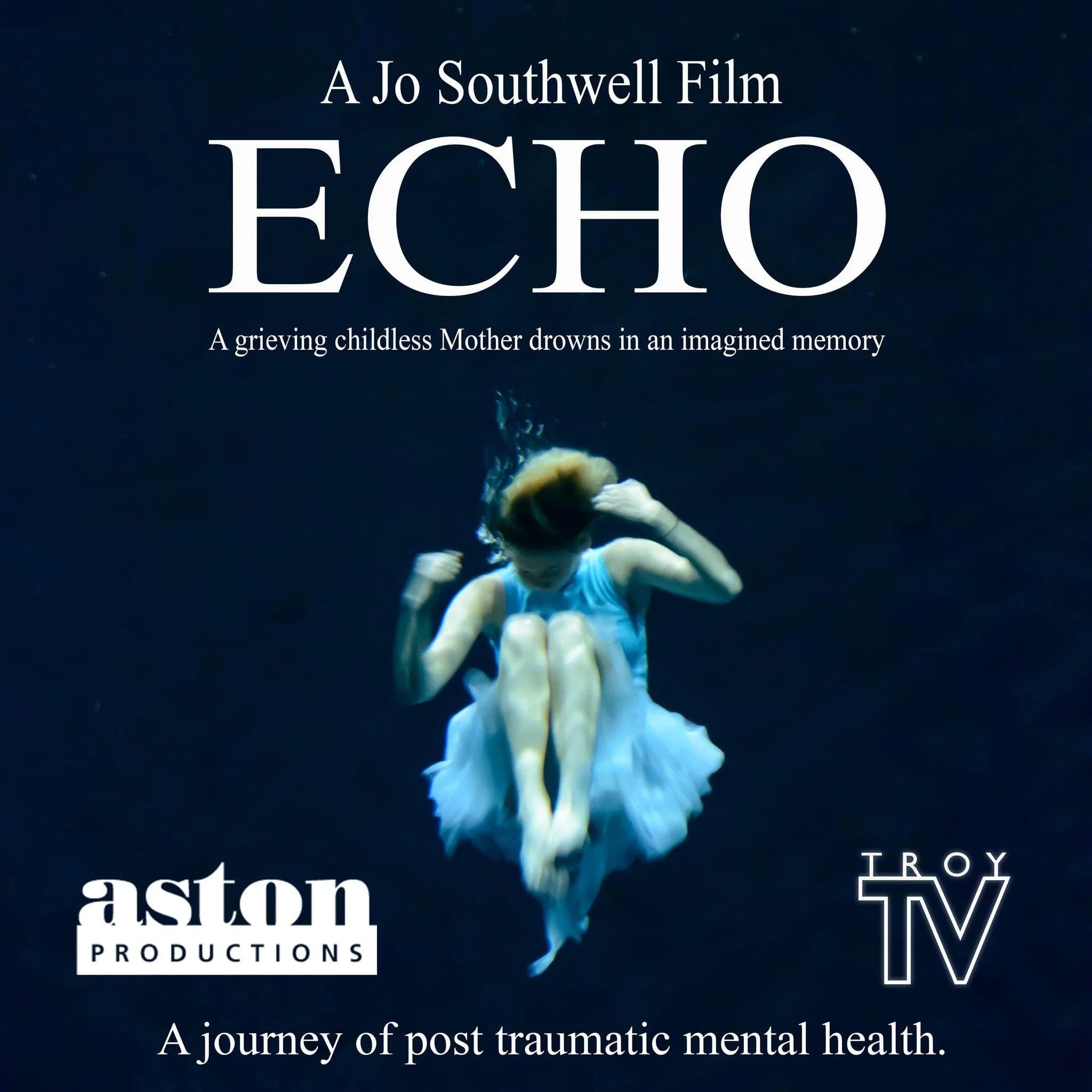 Title card for a documentary film titled "Echo" by Jo Southwell, depicting a swimmer underwater, with text about post-traumatic mental health.