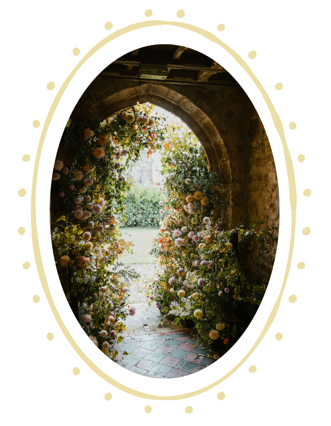 flower arch outside church wedding