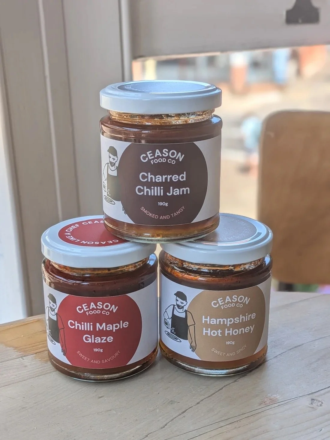 Made by chef Olly Briggs in Winchester (Forte), Ceason sauces include Hampshire Hot Honey, Chilli Maple Glaze and Charred Chilli Jam.  Drizzle, glaze, spoon, spread or stir through. From cheese boards and roast meats to sandwiches, salads, veg, eggs 