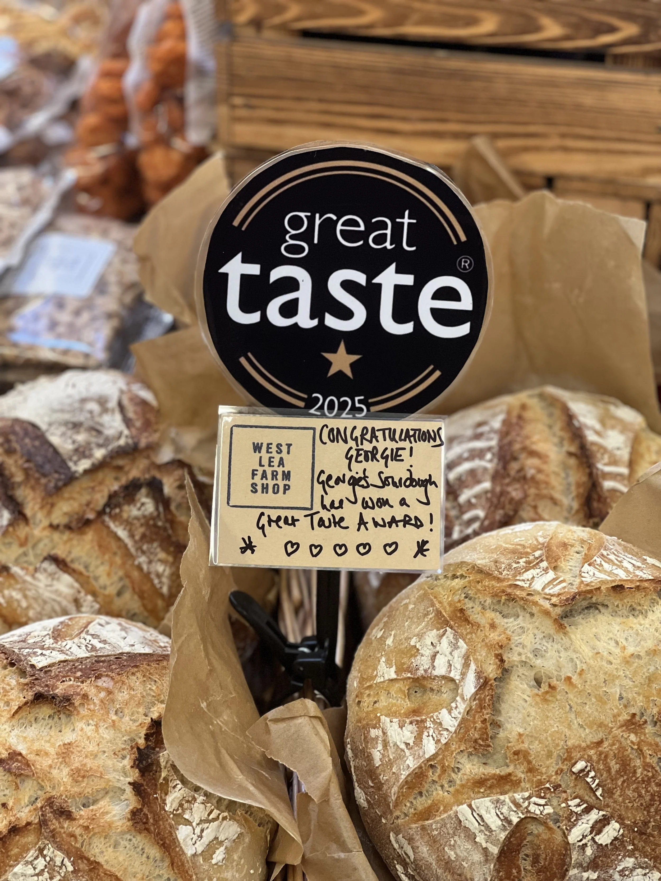 Lovely Georgie in Tichborne makes 6 of her ever favourite sourdough loaves every day and they sell out very quickly! She has recently won a Great Taste Award.