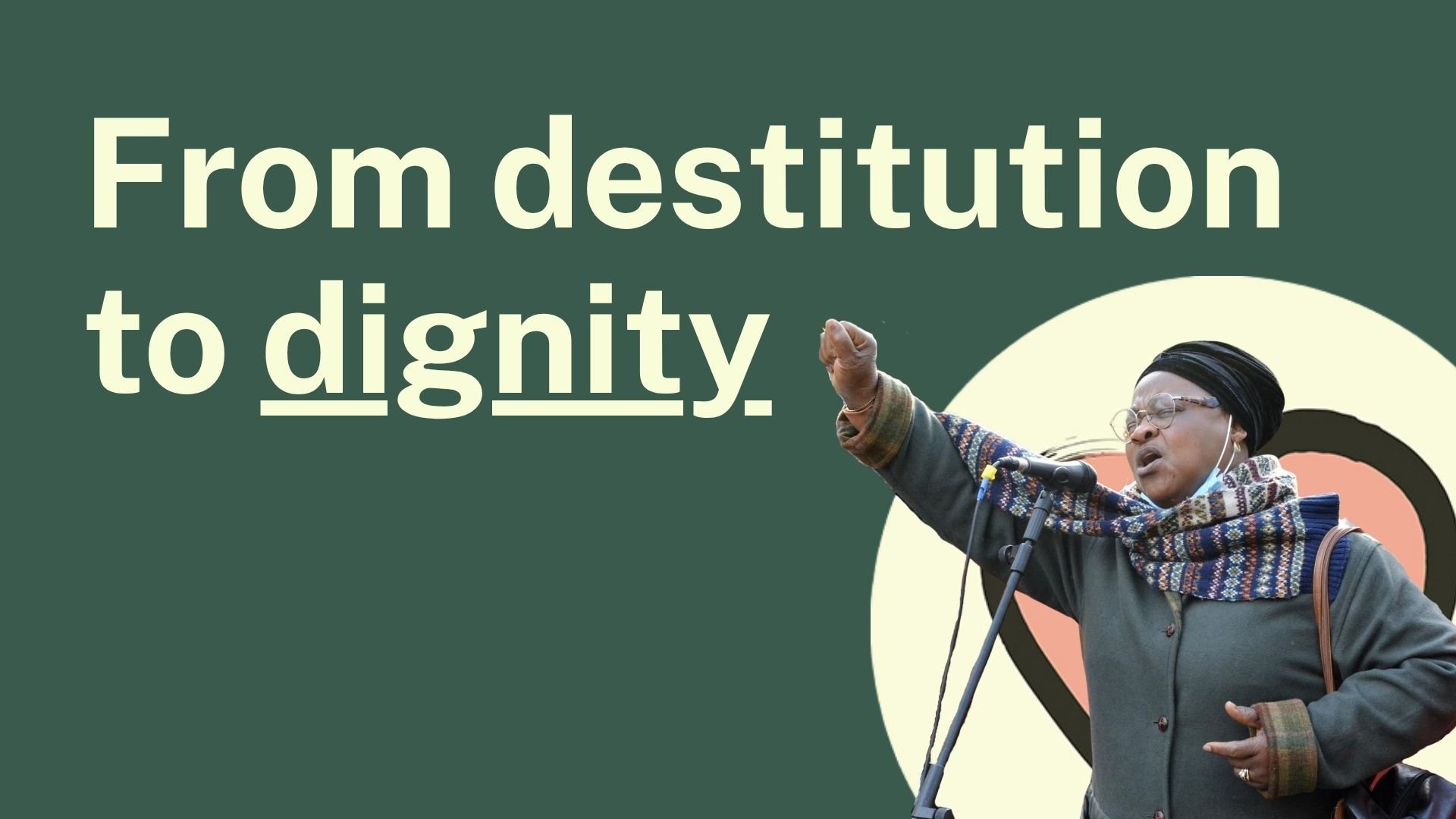 A WAST woman raises her fist in hope. Next to her, words read: From destitution to dignity