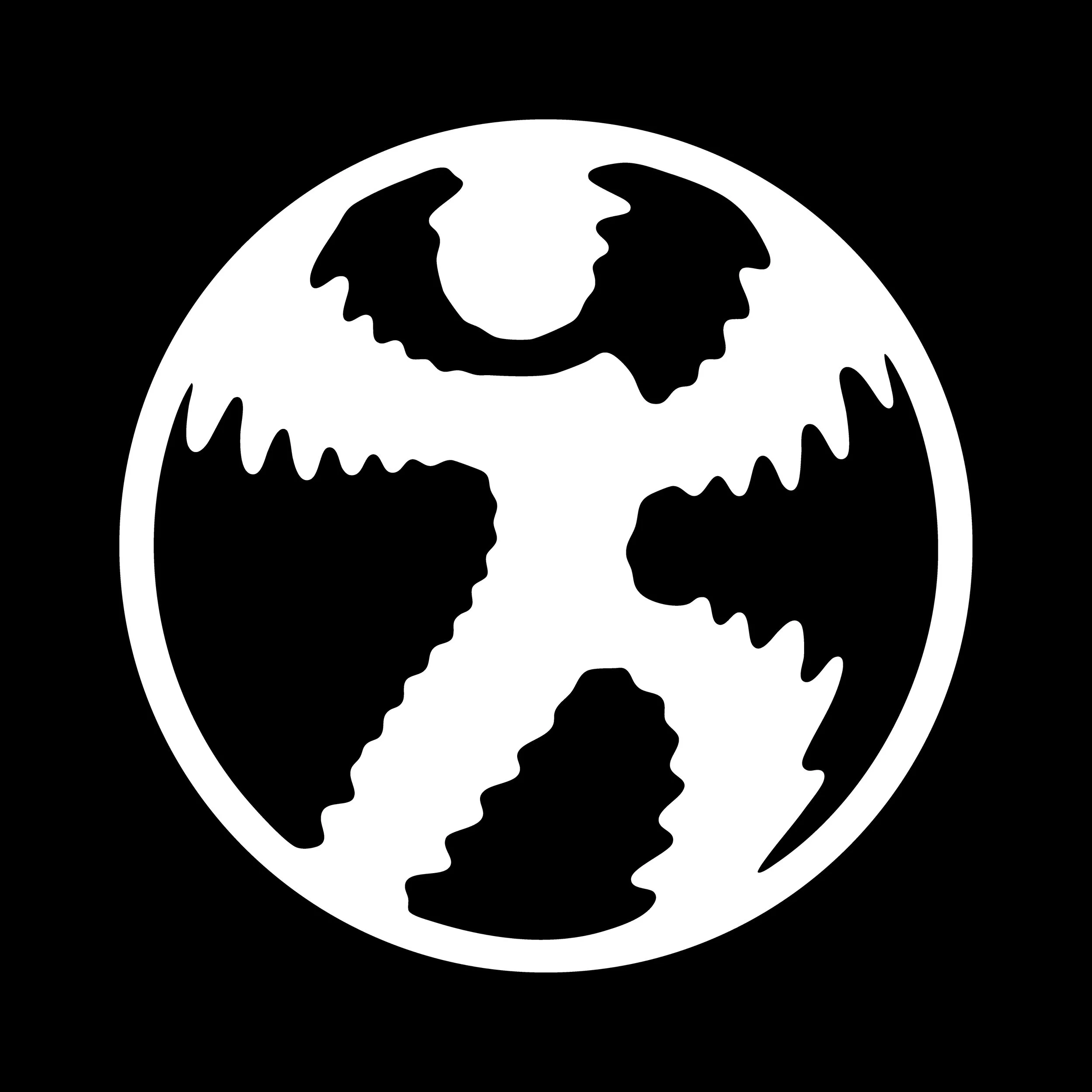 Black and white illustration of a globe with continents in black and water in white, against a black background.