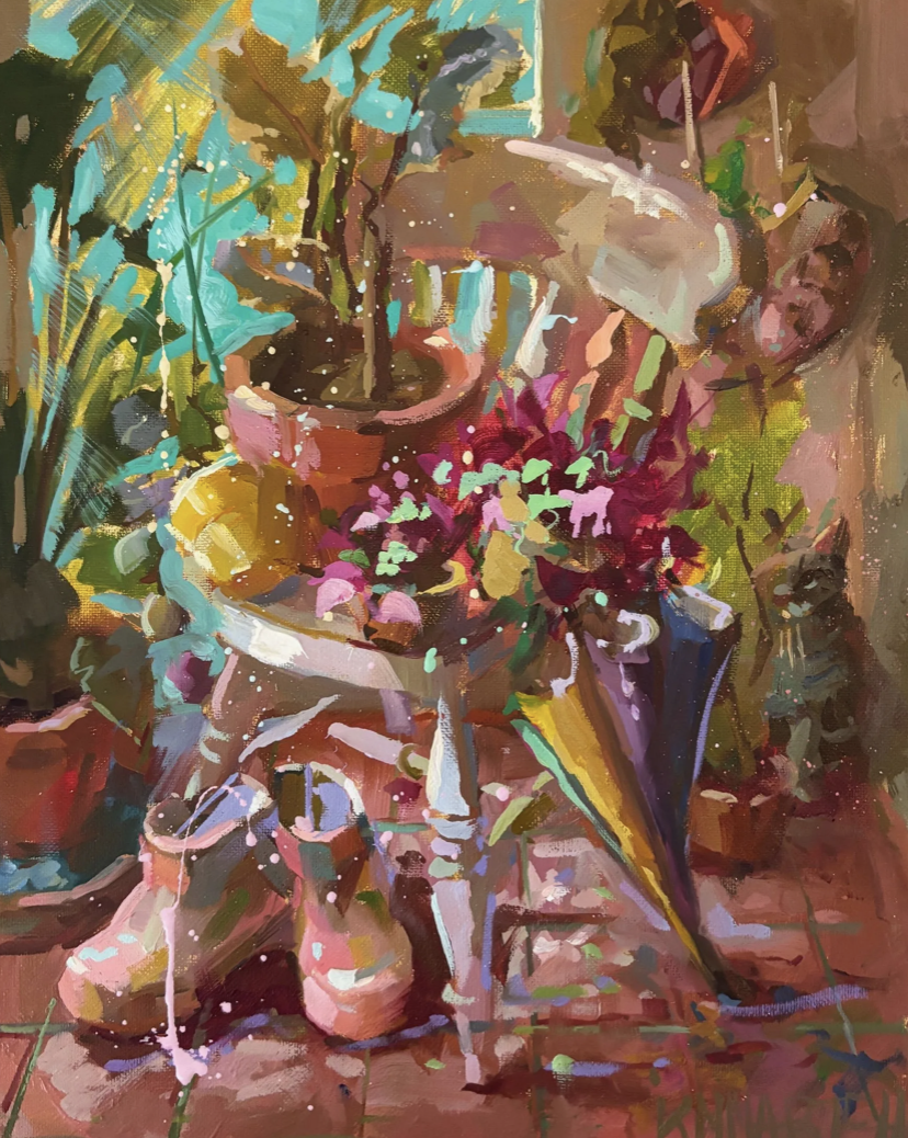 "She Plans for a Rainy Day" - 20x25cm - oil on canvas - £500.00 - Art & Horse Racing Gallery