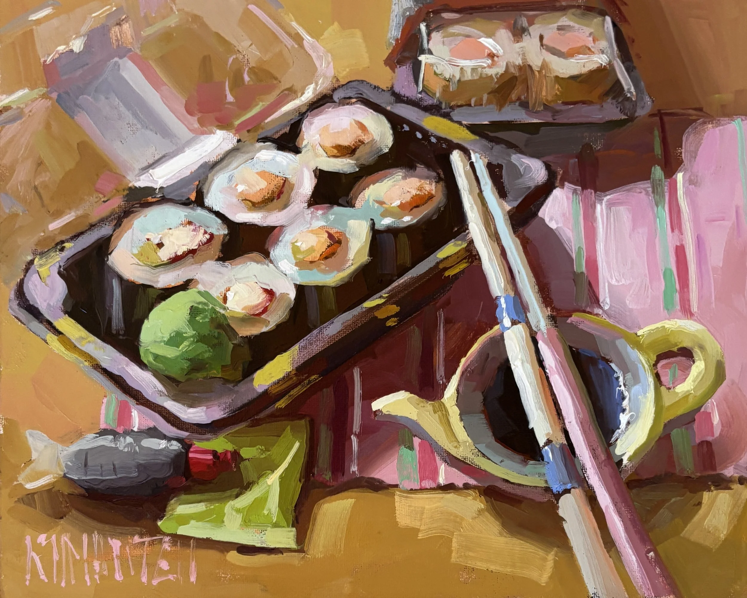 "Sushi Night" - 20x25cm - oil on canvas - £500.00 - Art & Horse Racing Gallery