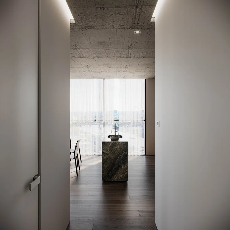 Concrete, dark timber and a sculptural pedestal in a London interior created for CAVR.
