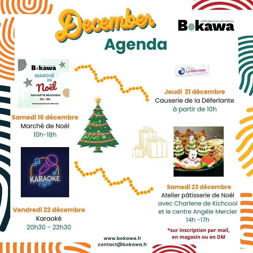 Bokawa vous pr&eacute;sente son programme du mois de d&eacute;cembre ! 🎄❄️

 Le march&eacute; de No&euml;l 🎅, la Causerie de la D&eacute;ferlante et la soir&eacute;e karaok&eacute; se d&eacute;rouleront chez Bokawa. 

Nous vous attendons pour finir