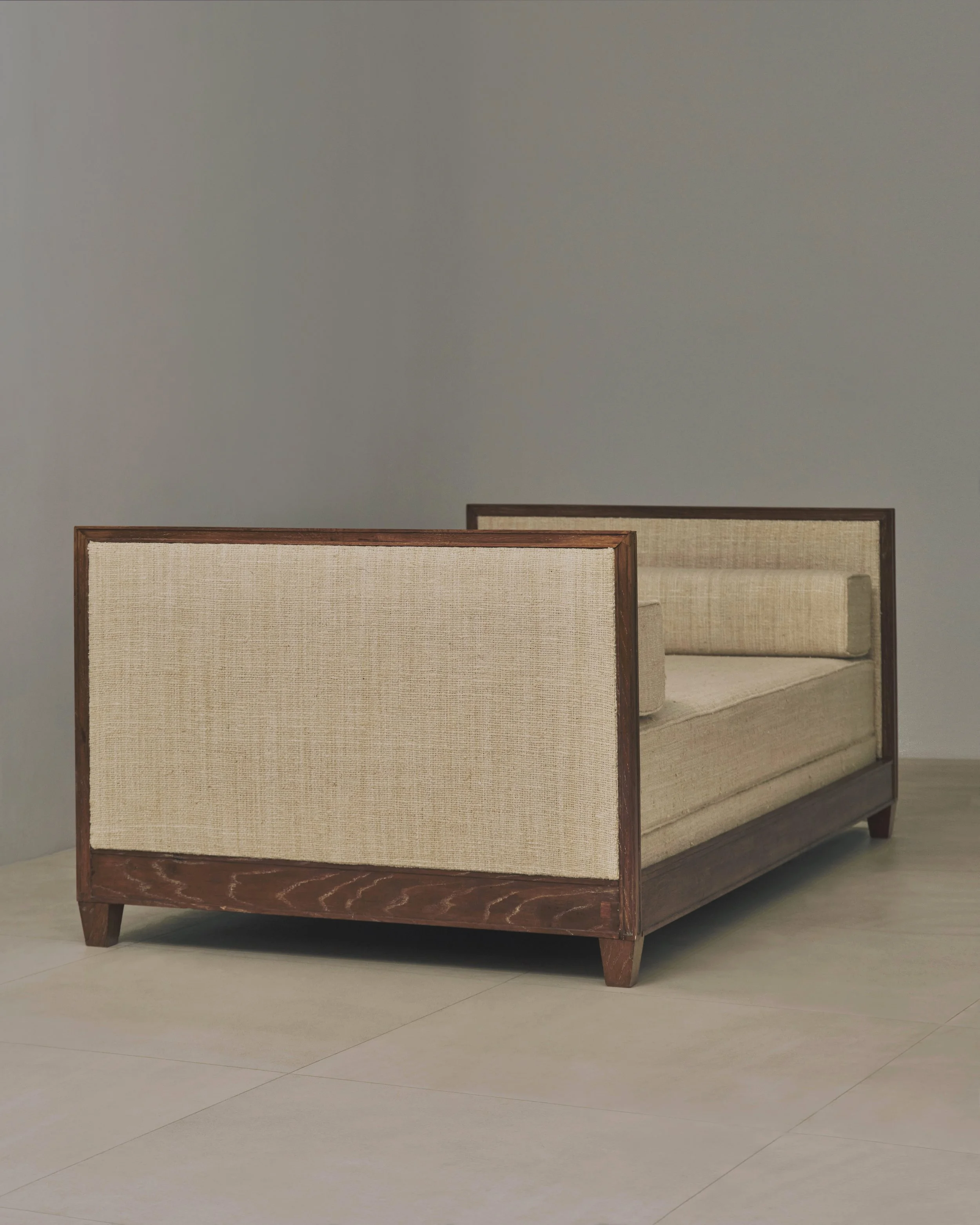 Jean-Michel Frank, important daybed or sofa in lightly limed oak upholstered in a silk and cotton canvas blend, circa 1935