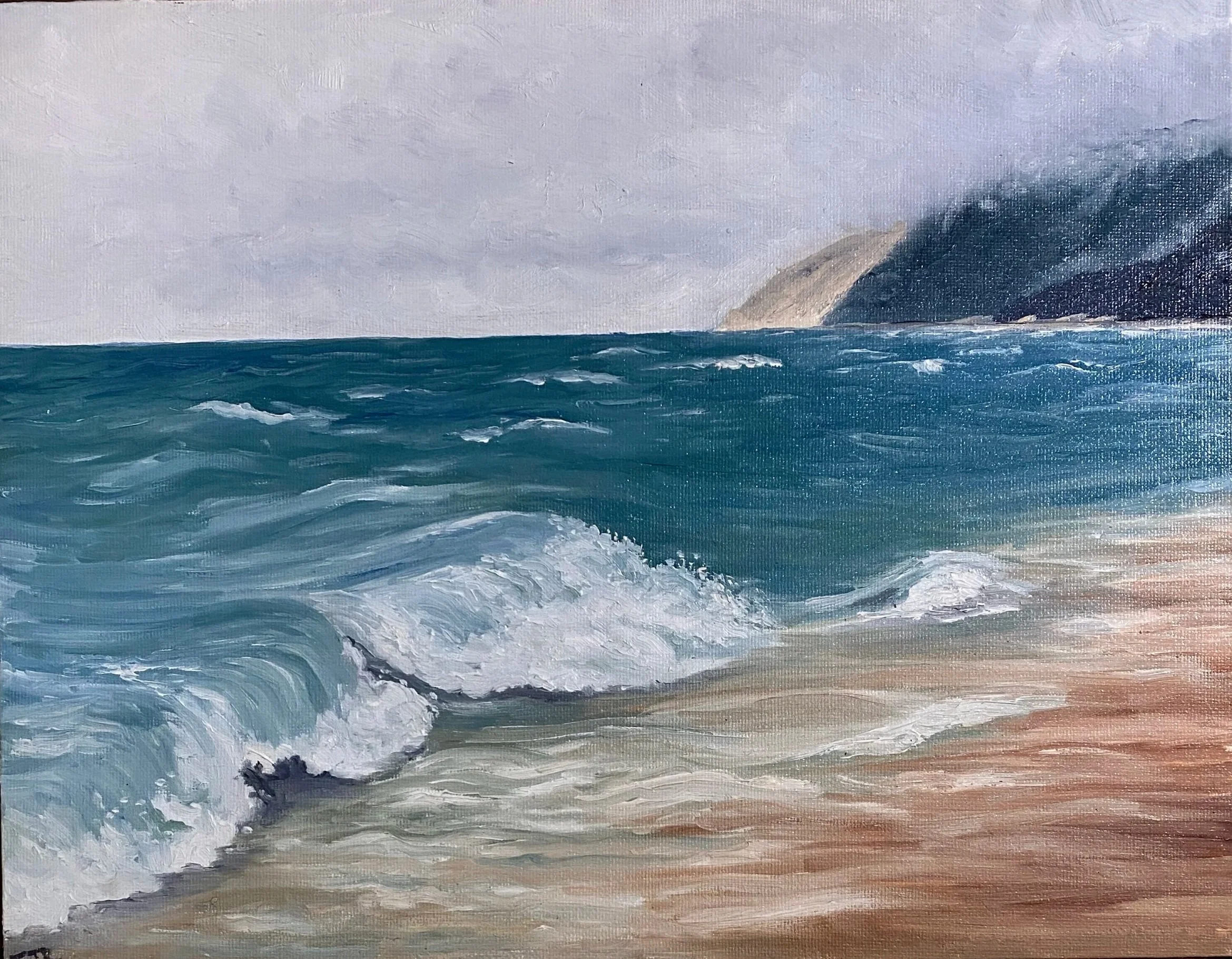 Empire Beach & Dunes, oil on canvas, spalted maple framed. 15"x12"
$350