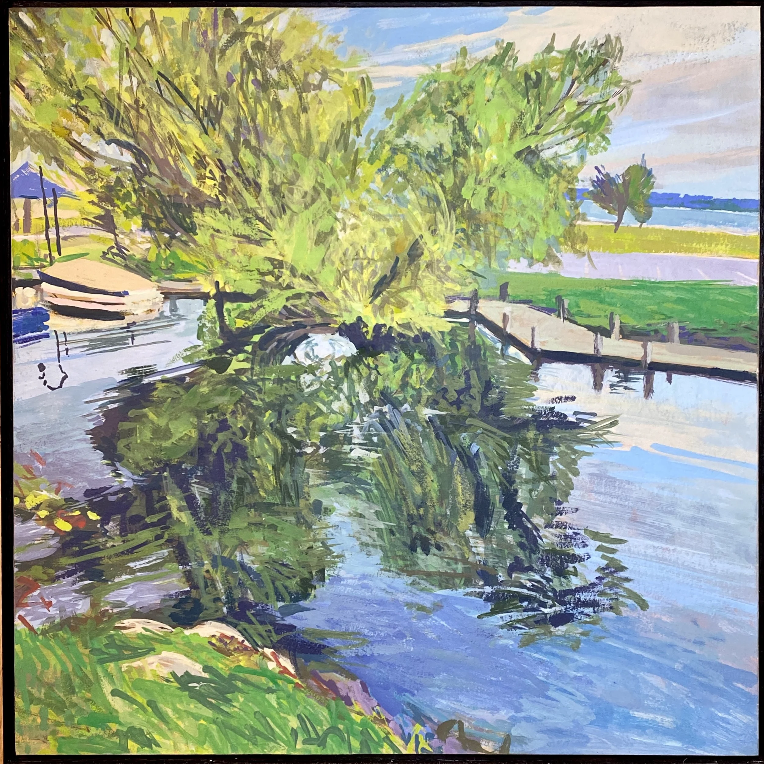 River Reflections, plein air acrylic on panel, framed 15x15"
$600