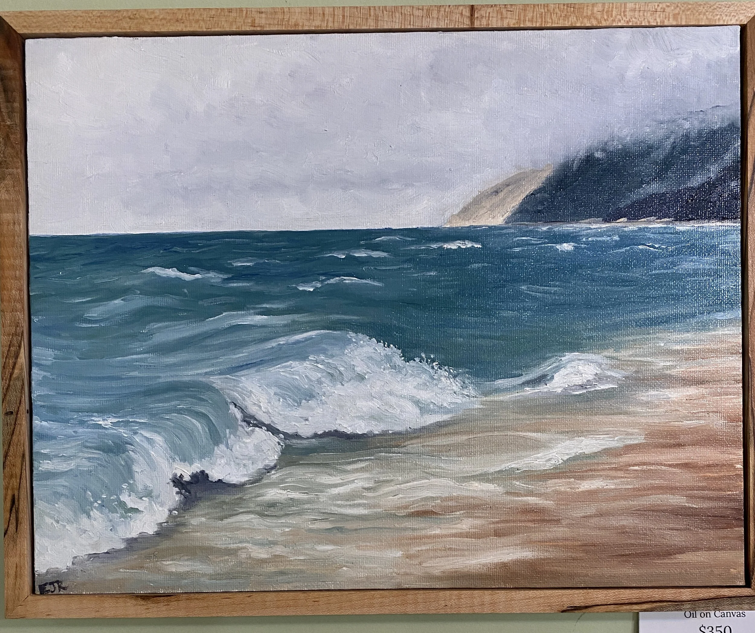 Empire Beach & Dunes, oil on canvas, spalted maple framed. 15"x12"
$350