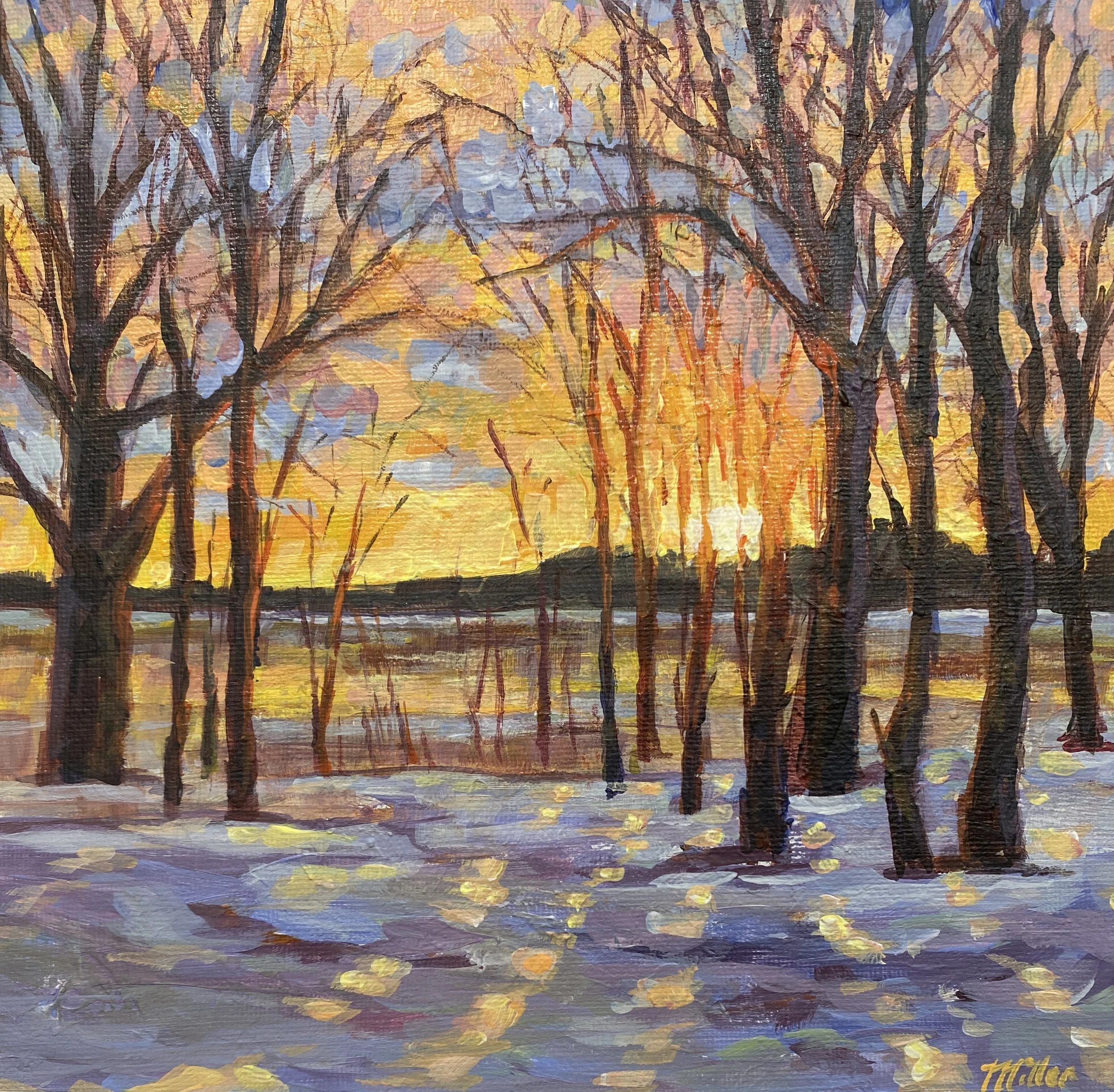 Winter Sunrise, acrylic on canvas board, framed $300 
