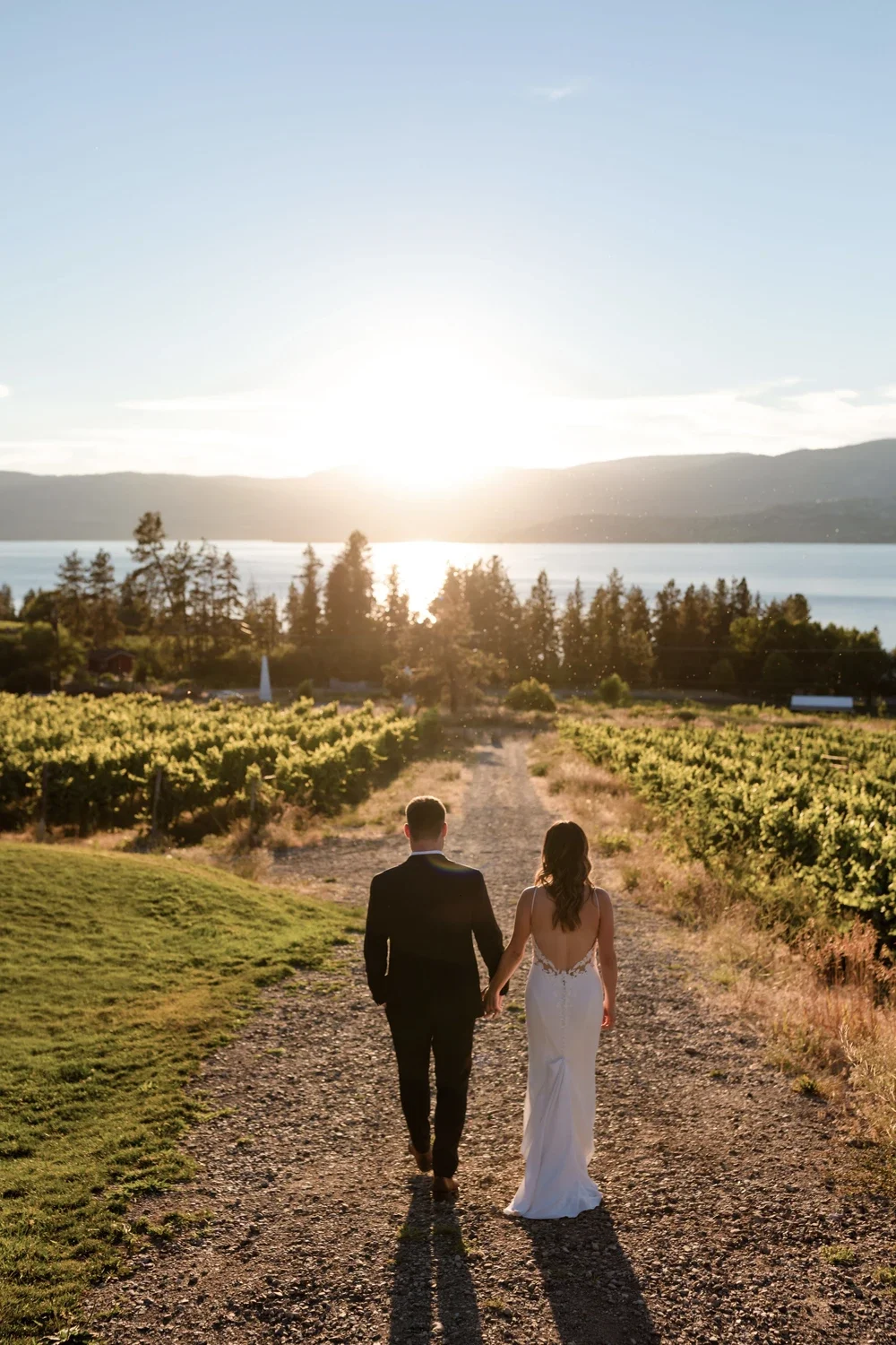 A couple in wedding attire, a man in a black suit and a woman in a white wedding dress, walking hand-in-hand down a dirt path through a vineyard at sunset with a lake and hills in the background.