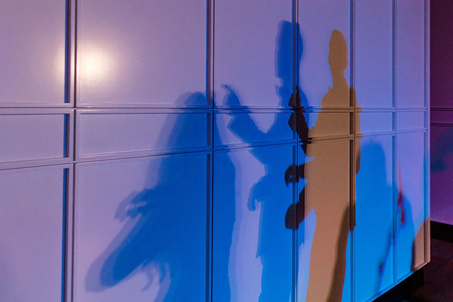 Shadows of a person taking a photograph projected onto colorful wall panels.