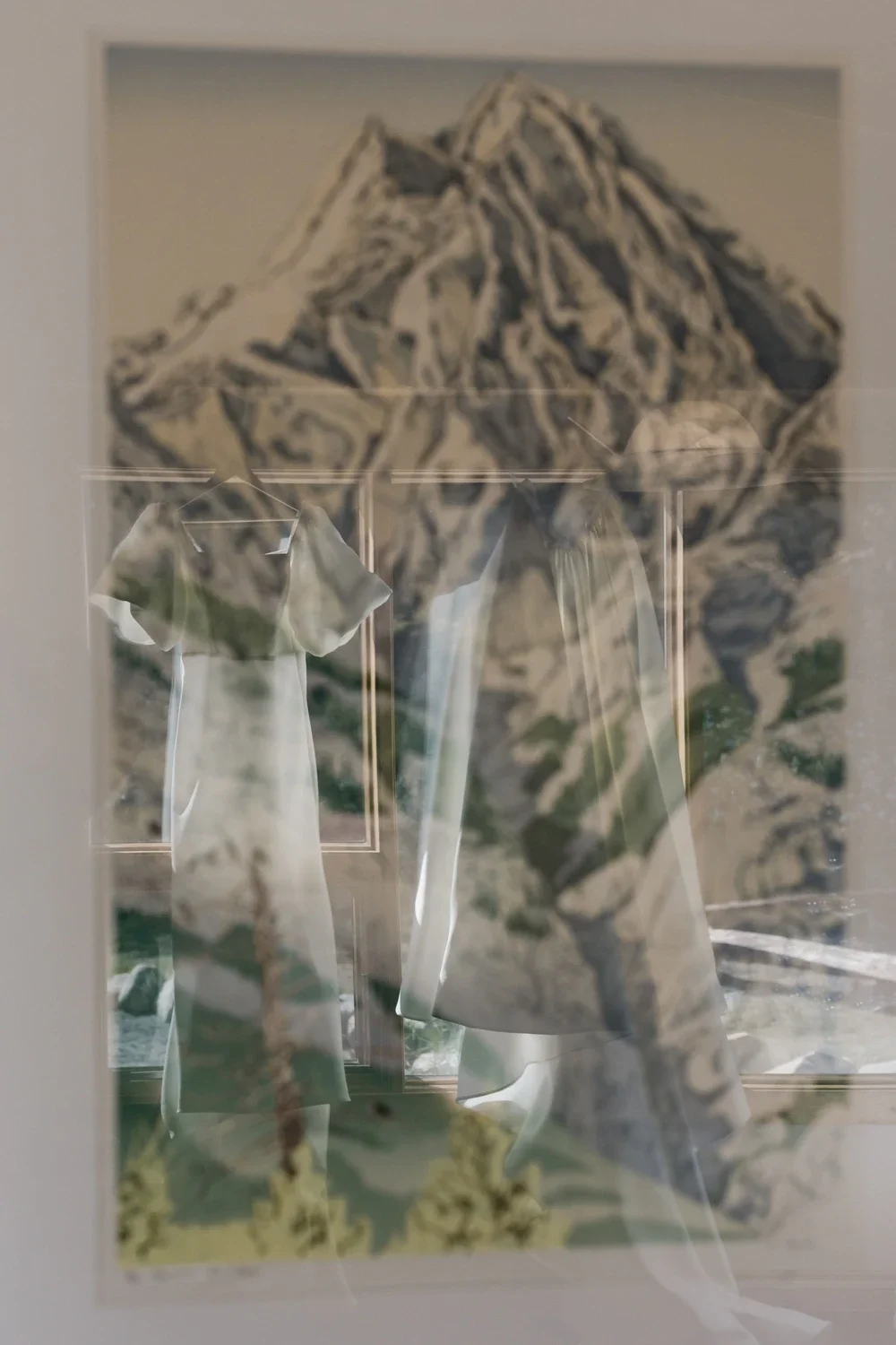 A framed photograph of a snow-capped mountain with trees at the base, viewed through a glass window or reflection that creates multiple overlapping images.